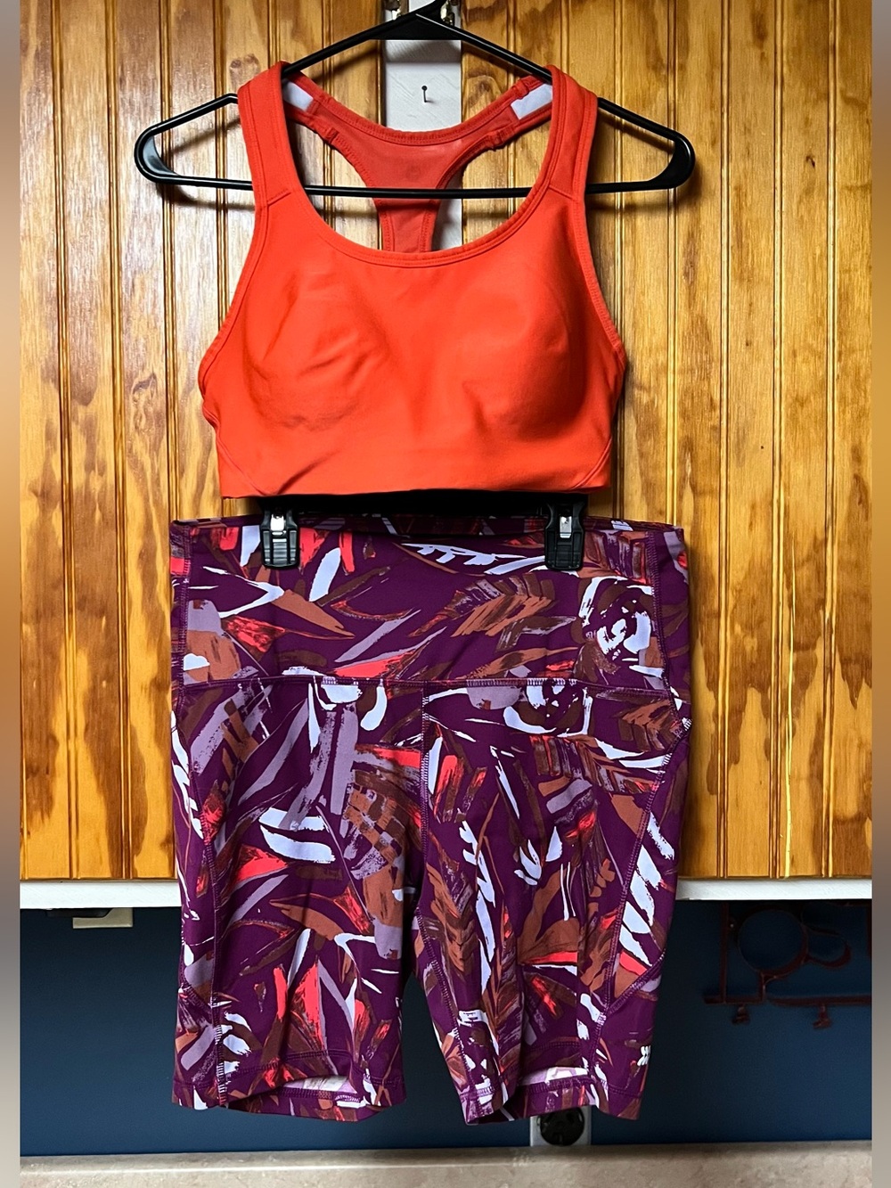 Women's Orange Sports Bra and Purple Print High-Rise Shorts Set. Top M shorts L